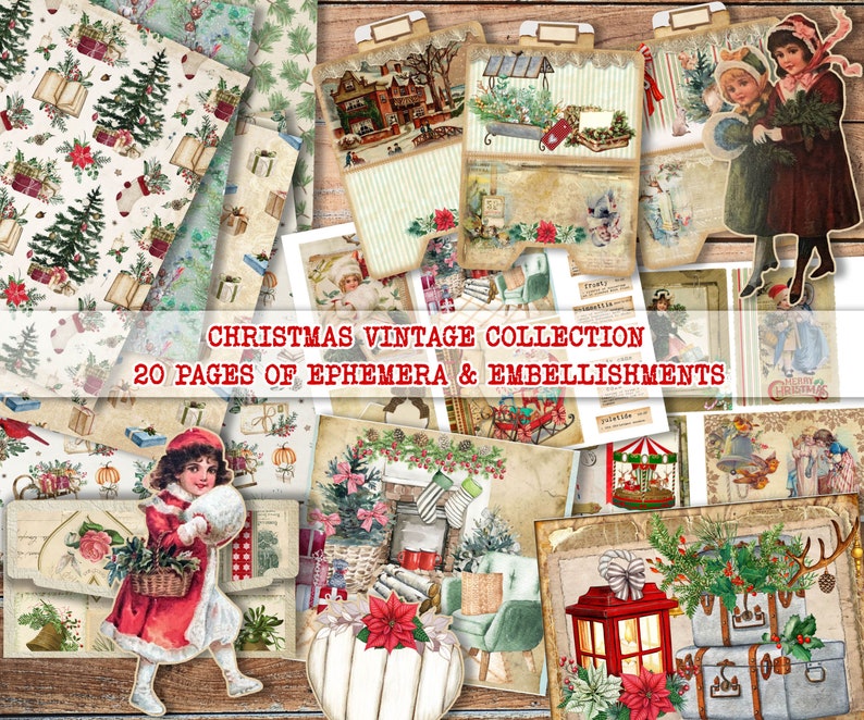 May include: A digital collage sheet with 20 pages of vintage Christmas ephemera and embellishments. The collage includes images of Christmas trees, presents, ornaments, and other festive decorations. The text "Christmas Vintage Collection 20 Pages of Ephemera & Embellishments" is displayed at the top of the collage.