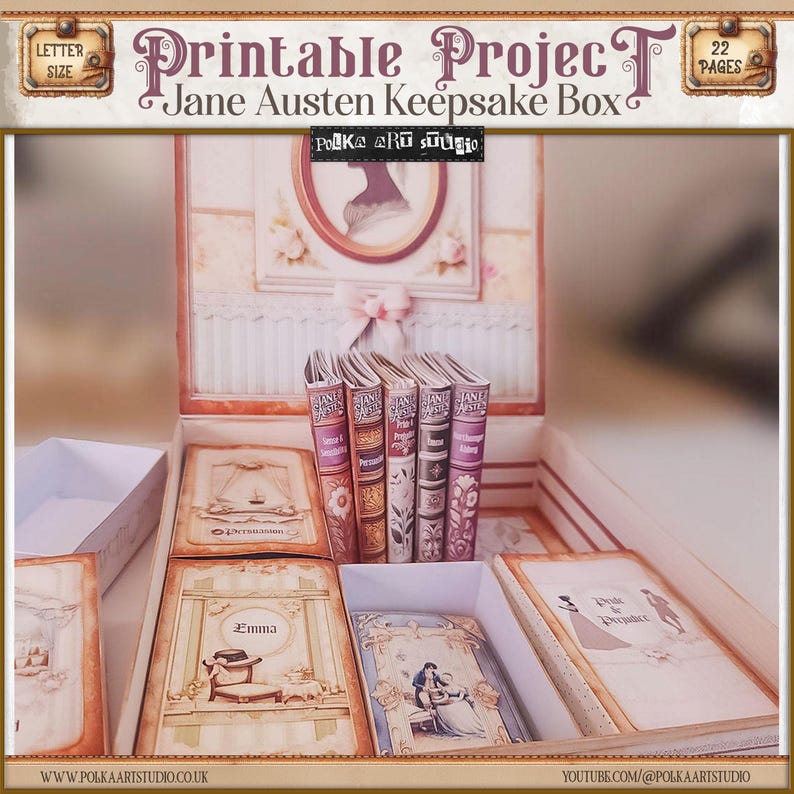 May include: A printable project for a Jane Austen keepsake box. The box is made of paper and features a vintage design. The box is decorated with images of Jane Austen's novels, including Pride and Prejudice, Emma, and Sense and Sensibility. The box is also decorated with a silhouette of a woman.