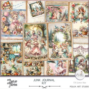 Junk Journal Digital Fantasy Pâques fées, kit de journalisation, shabby chic, pastel aquarelle fée Journal Télécharger papiers décoratifs, printemps