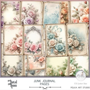 Digital Junk Journal Kit, vintage shabby chic rozen, decoratieve pastelpagina's, digitale download, afdrukbare bloemenpagina's, instant download