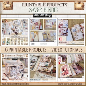 Printable Projects Bundle Vol.1 – 6 Junk Journal DIY Folios, Booklets & Ephemera Box with Video Tutorials  Craft Templates to Print and Make