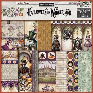 May include: A set of decorative papers and covers with a Halloween in Wonderland theme. The designs feature illustrations of pumpkins, clocks, and characters from Alice in Wonderland. The colour palette includes shades of purple, orange, and gold. The text on the cover reads "Halloween in Wonderland".