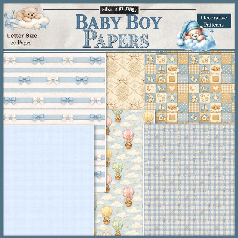 Puede incluir: Papeles para beb&eacute; ni&ntilde;o con patrones decorativos. Los papeles presentan varios dise&ntilde;os, incluyendo lazos azules, ositos de peluche, globos aerost&aacute;ticos y un patr&oacute;n de cuadr&iacute;cula azul. El juego incluye 20 p&aacute;ginas, tama&ntilde;o carta.