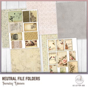 May include: A set of 12 printable digital file folders for journaling. The file folders feature a vintage aesthetic with images of birds, flowers, musical notes, and typewriters. The file folders are designed to be printed on US letter size paper.