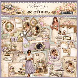 May include: A collage of vintage-style ephemera with a soft, pastel color palette. The design includes illustrations of cameras, portraits, butterflies, and floral elements. The text includes "Memories" and "Add-On Ephemera".