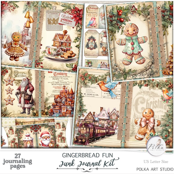 Junk Journal  Cute Gingerbread Christmas Journaling Pages, Digital Download, Victorian Winter, December, Ephemera, Collage Pages,Santa