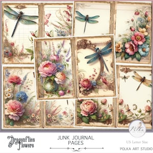 Digitale kit ongewenste dagboeken, vintage libellen en bloemen, afdrukbare bloemen decoratieve dagboekpagina's, collageblad, plakboekkit