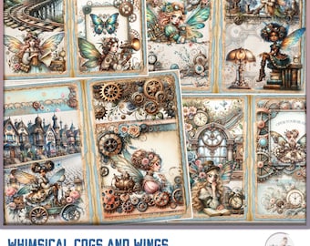 May include: A digital junk journal kit with a whimsical steampunk theme. The kit includes images of fairies, gears, clocks, and butterflies. The images are in a vintage style with a blue and brown color scheme. The text "Whimsical Cogs and Wings" is at the bottom of the image. The text "Junk Journal Kit" is below the title. The text "US Letter Size" is at the bottom right of the image.