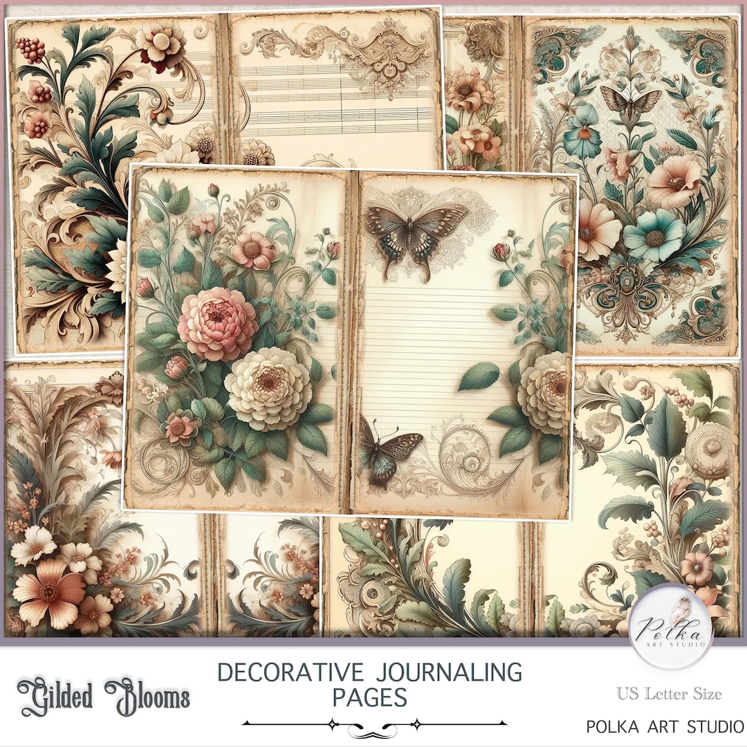 Vintage Botanical Junk Journal Digital Kit Green Floral Printable ...
