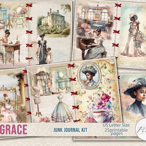 Junk Journal Grace Journaling Digi Kit, Romantic Black Women, Victorian Ladies Printable Romantic Craft Kit, Vintage Digital Download