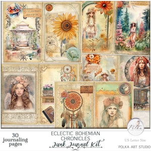 Digital Junk Journal Kit Boho hippie, retro vintage dagboekpagina's, boho fashion, digitale kranten uit de jaren 70, afdrukbaar, scrapbook downloaden