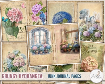 Op de afbeelding: Een set van zes digitale junk journal pagina's met hortensia's in verschillende kleuren, waaronder roze, blauw en paars. De pagina's bevatten ook vintage-stijl tekst, een raam met hortensia's en een huis met een schutting. De tekst op de pagina's luidt "Grand Sonata", "John Collier", "Sweet Memories" en "Grungy Hydrangea Junk Journal Pages".