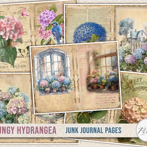 Junk Journal Kit, Shabby Chic Floral Hydrangea, Digital Download, Spring/Summer Printable,Scrapbook, Collage Papers, Floral Papers Digi Kit