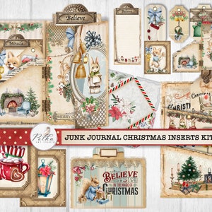 Inserções de Natal do Junk Journal - com três dobras, porta-etiquetas em camadas, cartões, etiquetas, envelopes, pastas de arquivo, enfeites de Natal