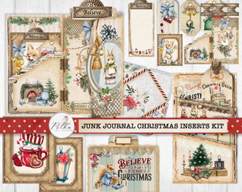 Junk Journal Christmas Inserts - Trifold, Layered Tag Holder, Cards, Labels, Envelopes, File Folders, Christmas Embellishments