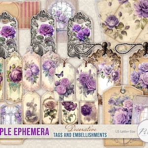 Diario basura, vintage, etiquetas con rosas moradas de estilo shabby chic, etiquetas, efímeras, flores, Bullet Journal, pegatinas vintage, descarga digital imprimible