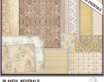 Puede incluir: Un conjunto de 10 papeles digitales en una paleta de colores neutros con varios patrones, incluyendo diseños florales, vichy y geométricos. Los papeles están etiquetados como "Playful Neutrals Decorative Papers" y son de tamaño US Letter.