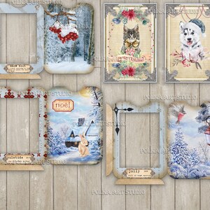 May include: Set of eight printable digital scrapbook paper featuring winter scenes with a vintage aesthetic. The papers include images of snow-covered trees, a cabin, a rabbit, a cat, a dog, a bird, and a lantern. The papers also include text such as "snow boot", "noel", "yuletide", and "jolly".