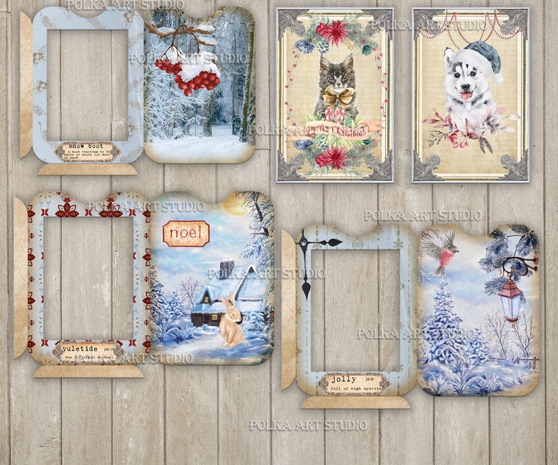 May include: Set of eight printable digital scrapbook paper featuring winter scenes with a vintage aesthetic. The papers include images of snow-covered trees, a cabin, a rabbit, a cat, a dog, a bird, and a lantern. The papers also include text such as "snow boot", "noel", "yuletide", and "jolly".