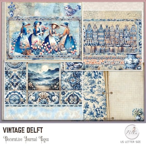 Digitales Vintages Delft Junk Journal Dekorative Blaue Seiten, Scrapbooking Papiere, Journaling Papier Satz Vintage Aquarell, Collage Papiersatz