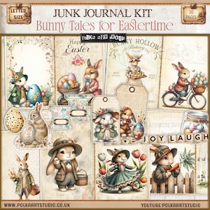 Puede incluir: Un kit de scrapbooking digital de 30 páginas con ilustraciones de conejos, huevos, flores y otros elementos de temática de Pascua. El kit incluye etiquetas, etiquetas y otros elementos decorativos. El texto "Bunny Tales for Eastertime" aparece en la portada.