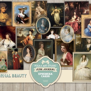 Junk Journal Ephemera Cards "Eternal Beauty" Portaits clássicos, imagens vintage, scrapbooking, download digital, cartões para impressão