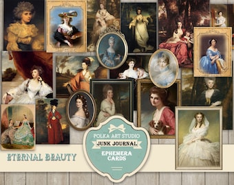 May include: A collage of vintage portraits of women in ornate frames. The portraits are in various styles and feature women in different poses and clothing. The collage is titled "Eternal Beauty" and includes the text "Polka Art Studio Junk Journal Ephemera Cards".