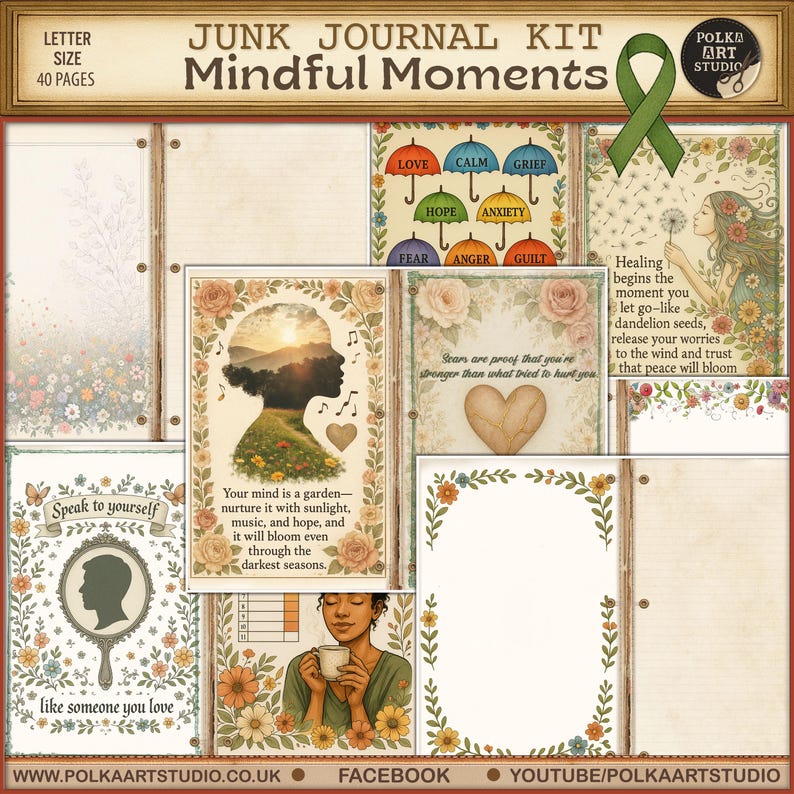May include: A junk journal kit titled "Mindful Moments" with 40 pages. The kit features various decorative pages with floral and inspirational designs, including quotes and illustrations. The color palette includes soft greens, browns, and floral accents.
