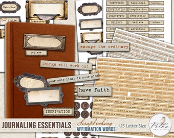 Digital Junk Journal Basic Scrapbooking Kit, Affirmation Words and Book Plates,Label Holders,Embellishments, Blank Labels,Printable Download