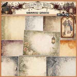 Puede incluir: Una colección de papel digital para álbumes de recortes con páginas de relleno de Halloween Hotel Room 13. Los diseños incluyen texturas vintage, pergamino envejecido, llaves ornamentadas, calabazas, rosas, cuervos, murciélagos y linternas.