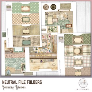May include: Printable file folder labels with a neutral color scheme. The labels feature various patterns, including polka dots, plaid, and floral designs. The labels are designed for use with standard US letter size paper.