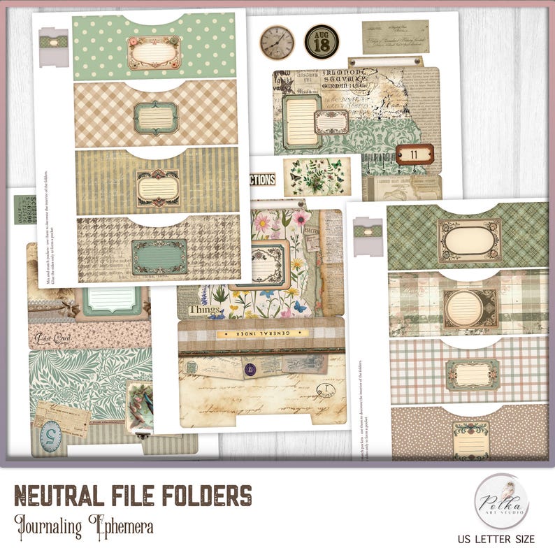 May include: Printable file folder labels with a neutral color scheme. The labels feature various patterns, including polka dots, plaid, and floral designs. The labels are designed for use with standard US letter size paper.