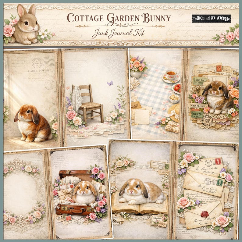 Cottage Garden Bunny Digital Junk Journal Kit, Shabby Chic Spring ...