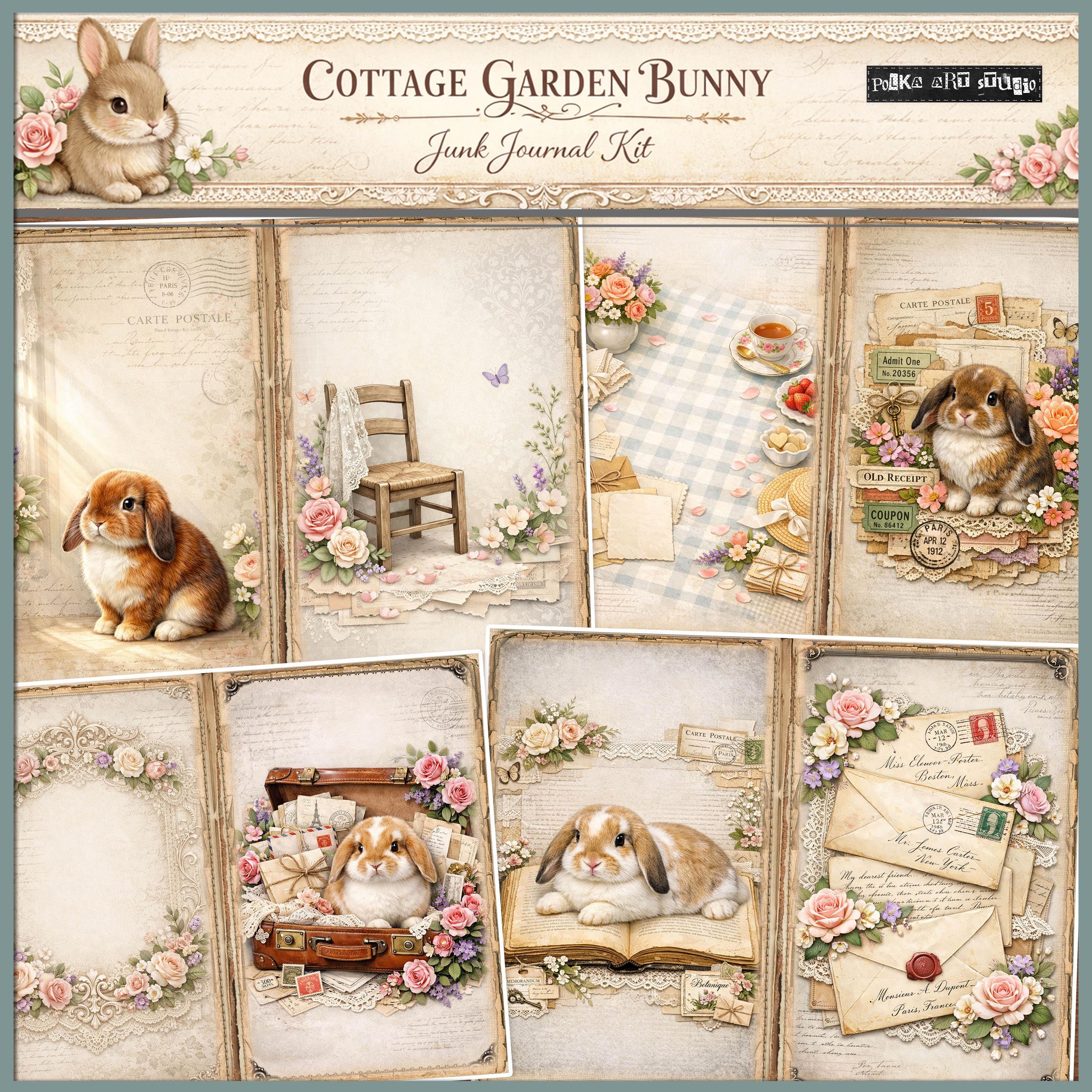 Cottage Garden Bunny Digital Junk Journal Kit, Shabby Chic Spring ...