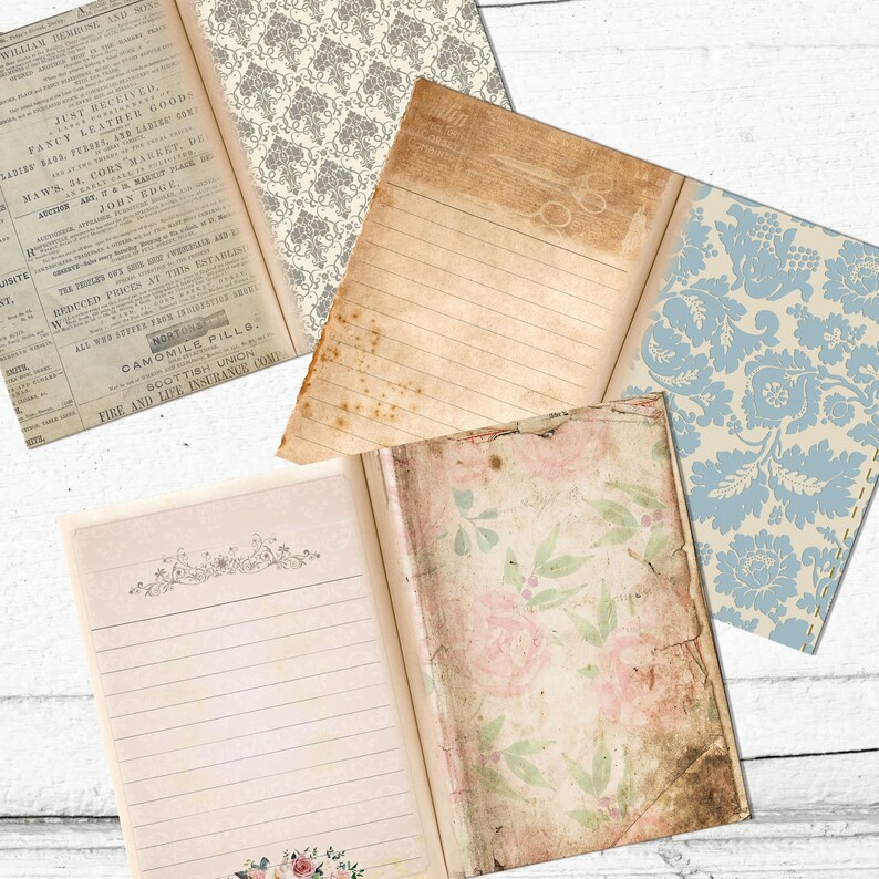 Junk Journal Blank decorative 30 double pages Pack / Neutral Vintage color papers / Instant download image 3