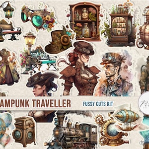 Junk Journal Steampunk Traveller Fussy Cuts Digi Kit,Printable Steampunk Craft Kit, Digital Download, Vintage paper, Digital Stickers