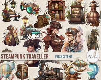 Junk Journal Steampunk Traveller Fussy Cuts Digi Kit,Printable Steampunk Craft Kit, Digital Download, Vintage paper, Digital Stickers