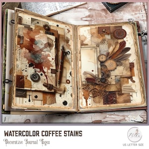 Pagine di diario decorative digitali marroni Junk Journal macchiate di caffè, carte per scrapbooking in pelle, confezione di carta decorativa acquerello grunge