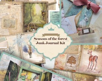 May include: A vintage-style junk journal kit with a woodland theme. The kit includes a variety of papers, ephemera, and embellishments, including images of owls, deer, rabbits, and other forest creatures. The kit is perfect for creating a unique and personalized journal.