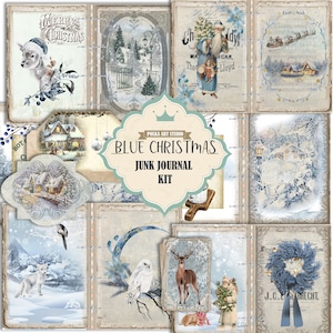 Junkjournaal "Blue Christmas" - 25 pagina's afdrukbaar digitaal dagboek, junkjournaalkits, afdrukbaar kerstdagboek