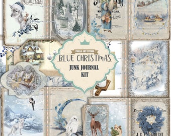 Junk Journal "Blue Christmas" - 25 Pages Printable Digital journal, junk journal kits, Printable Christmas journal