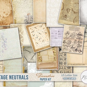 Junk Journal decoratieve neutrale papieren megabundel, vintage noodlijdende digitale papieren, download, antieke afdrukbare pagina's, scrapbooking