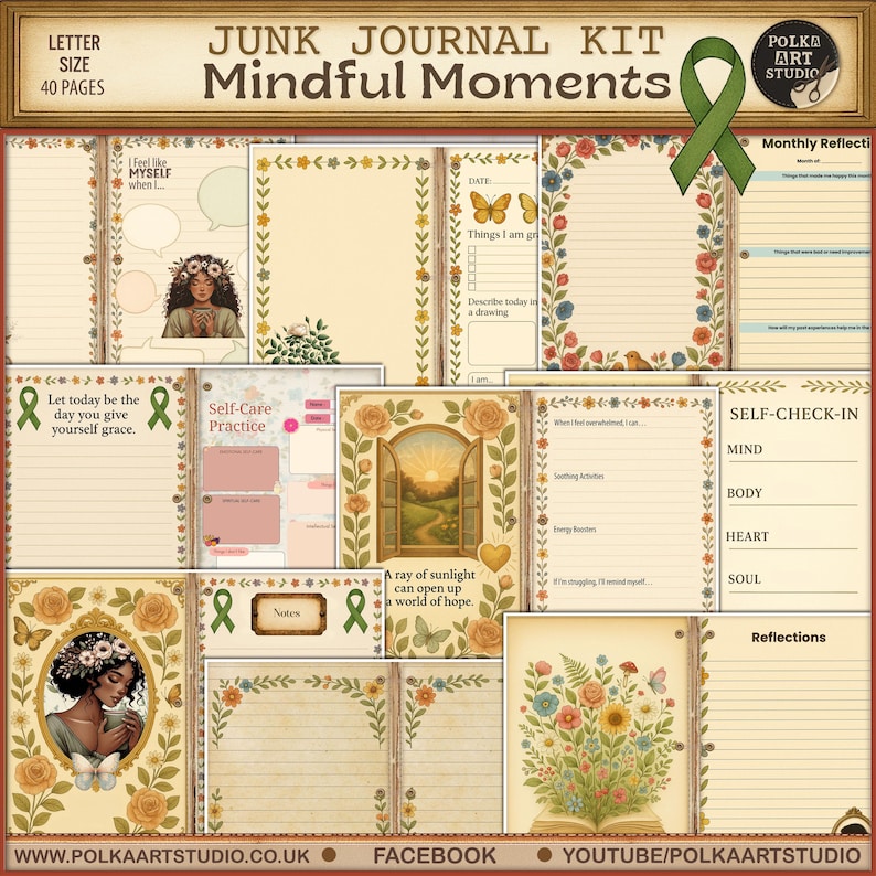 May include: A junk journal kit titled "Mindful Moments" with a letter size of 40 pages. The kit includes pages with floral borders, prompts, and illustrations of women, butterflies, and flowers. The color palette is soft and vintage.