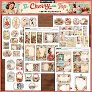 May include: A collection of vintage-style ephemera sheets with a retro diner theme. The sheets feature illustrations of desserts, drinks, and women in vintage attire. The color palette includes red, pink, and teal, with the text "The Cherry on Top".