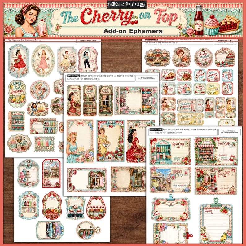 May include: A collection of vintage-style ephemera sheets with a retro diner theme. The sheets feature illustrations of desserts, drinks, and women in vintage attire. The color palette includes red, pink, and teal, with the text "The Cherry on Top".