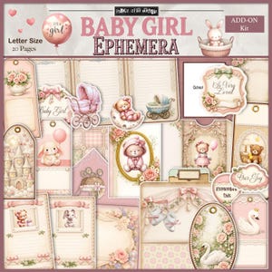 Peut inclure: Un ensemble d'éphémères pour bébé fille, roses et crème, comprenant des étiquettes, des cartes et des découpes. Les motifs présentent des landaus, des ours en peluche, des lapins et des accents floraux. Le texte comprend "Baby Girl Ephemera".