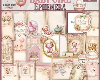 Baby Girl Ephemera Pack Printable, Shabby Chic Pink Nursery Journal Cards, Tags & Labels, Digital Scrapbook Kit