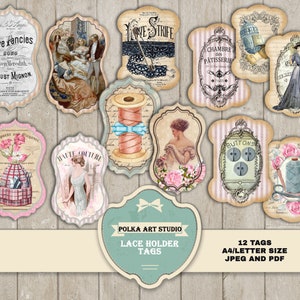 Étiquettes de support de dentelle de journal indésirable, embellissements vintage chics, téléchargement immédiat, bobines de ruban de dentelle, feuille de collage