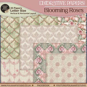 May include: A collection of decorative papers with floral and damask patterns. The papers feature a variety of designs, including blooming roses, and are in shades of pink, green, and beige. The text on the image reads "Blooming Roses" and "20 Papers Letter Size".