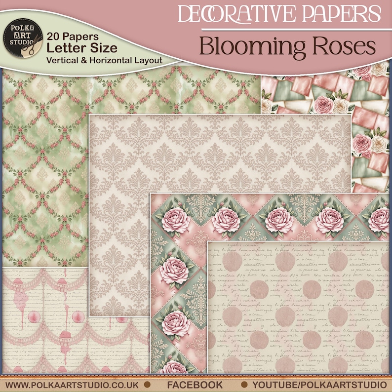 May include: A collection of decorative papers with floral and damask patterns. The papers feature a variety of designs, including blooming roses, and are in shades of pink, green, and beige. The text on the image reads "Blooming Roses" and "20 Papers Letter Size".